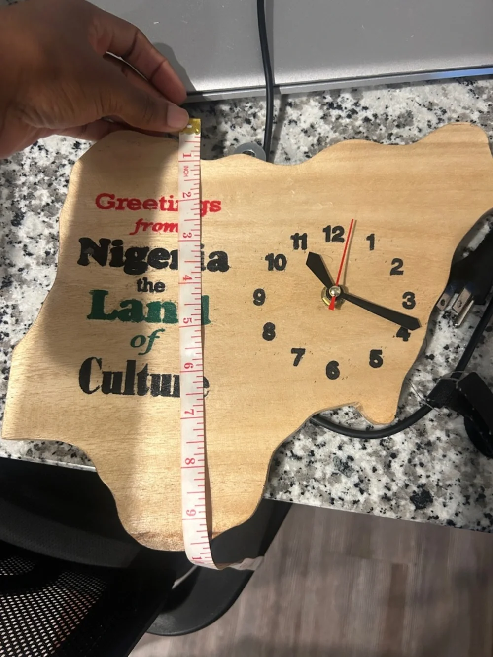 Wooden Nigeria Map Wall Clock - Natural Wood with Red, Black, Green Accents